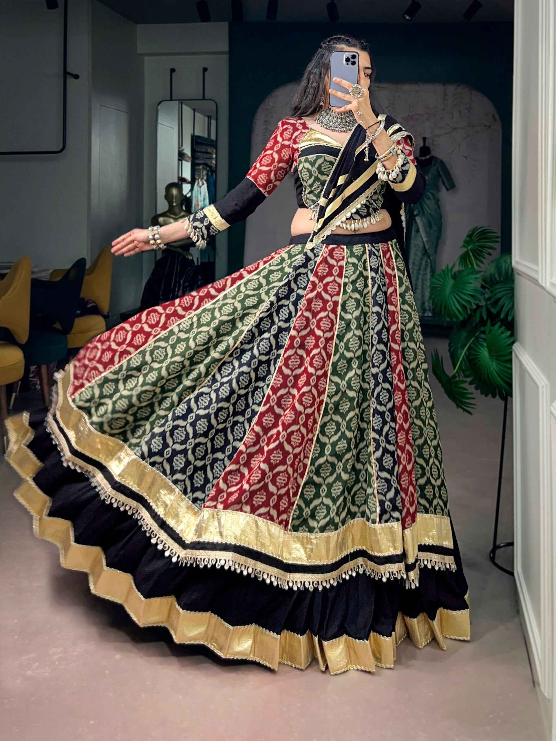 Multi Pure Reyon Silk Heritage Prints Navratri Lehenga Choli