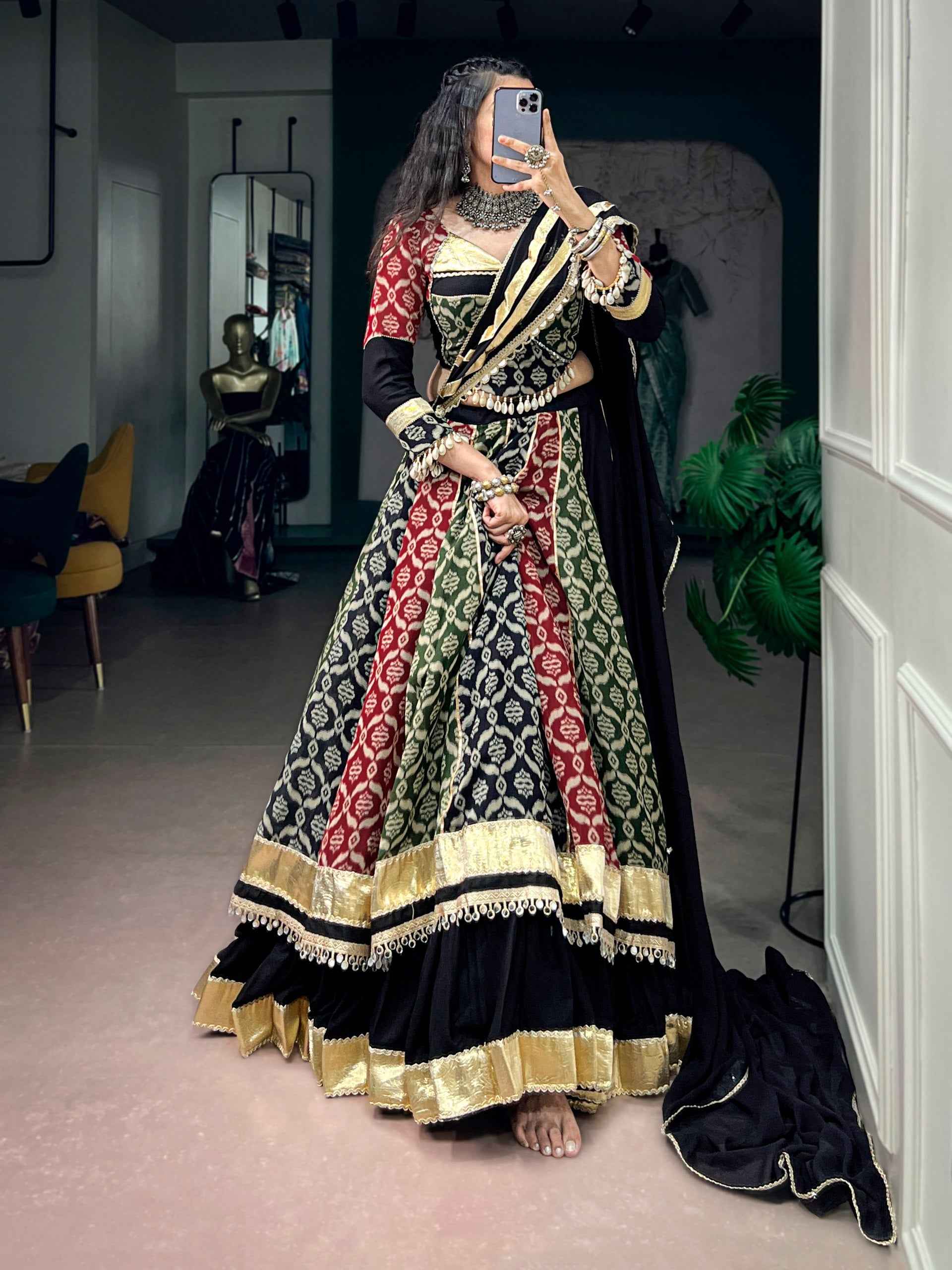 Multi Pure Reyon Silk Heritage Prints Navratri Lehenga Choli