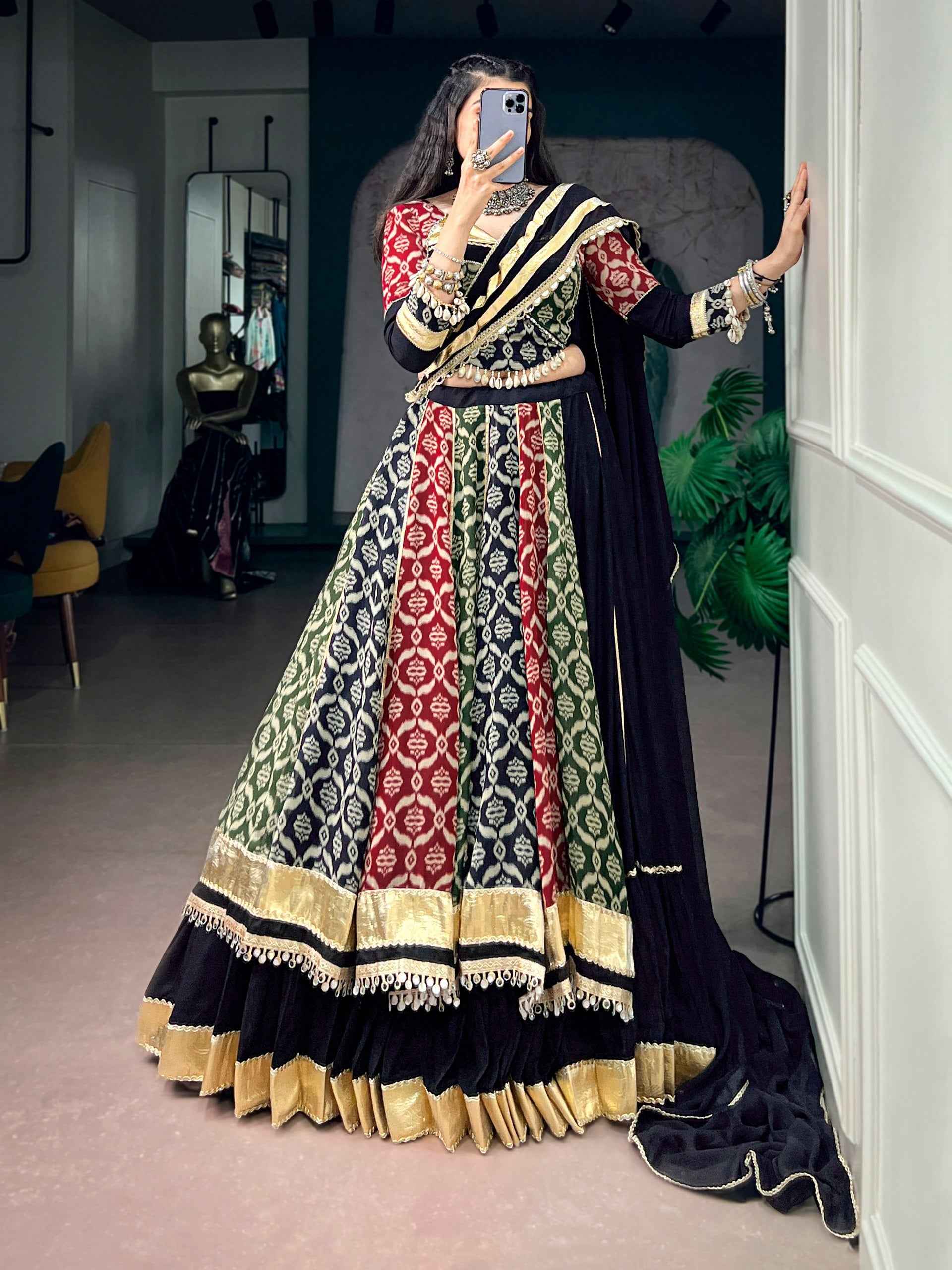 Multi Pure Reyon Silk Heritage Prints Navratri Lehenga Choli