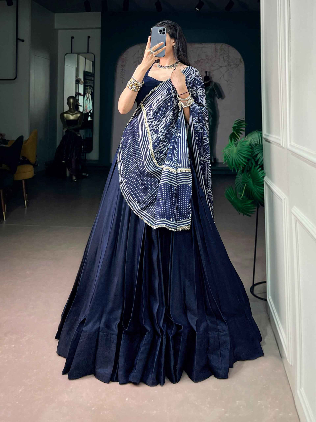 Blue Pure Moonga Silk Beautiful Printed Navratri Lehenga Choli