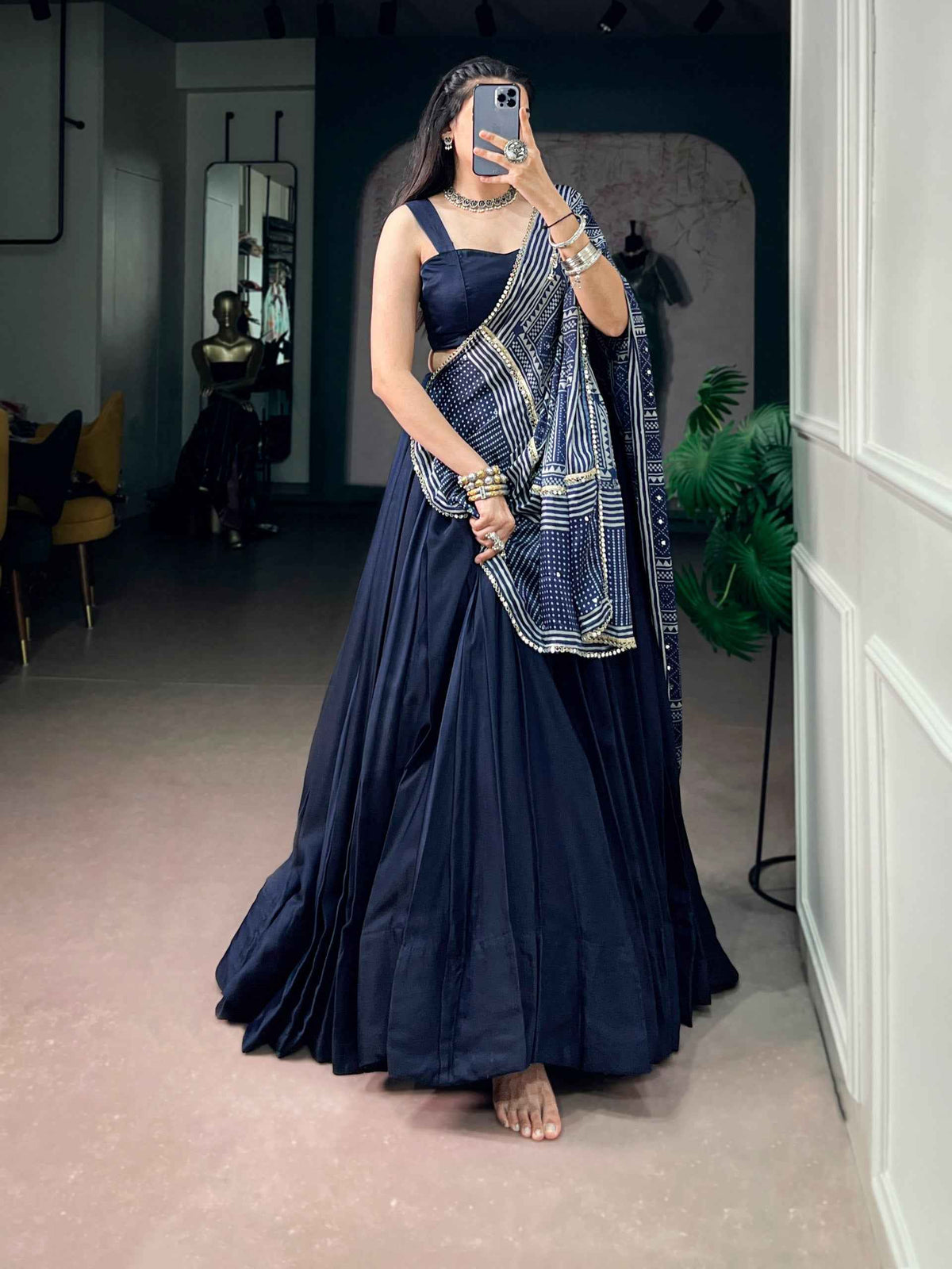 Blue Pure Moonga Silk Beautiful Printed Navratri Lehenga Choli
