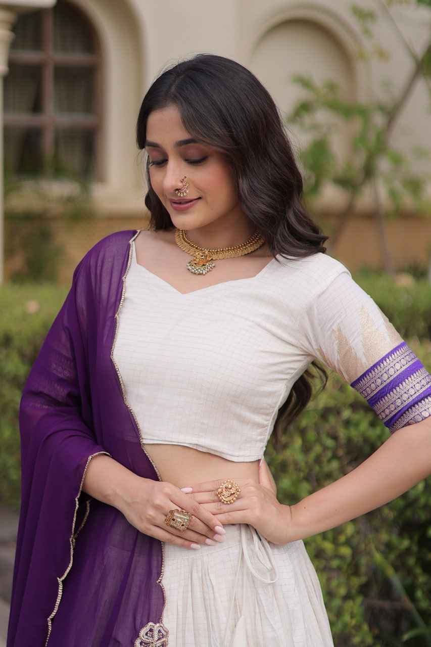 Purple Pure Viscose Jacquard Checks With Zari Temple Weaving Work Navratri Lehenga Choli