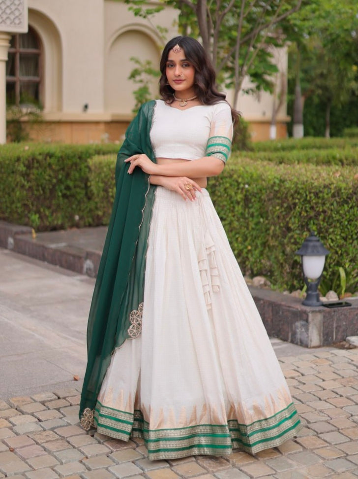 Green Pure Viscose Jacquard Checks With Zari Temple Weaving Work Navratri Lehenga Choli
