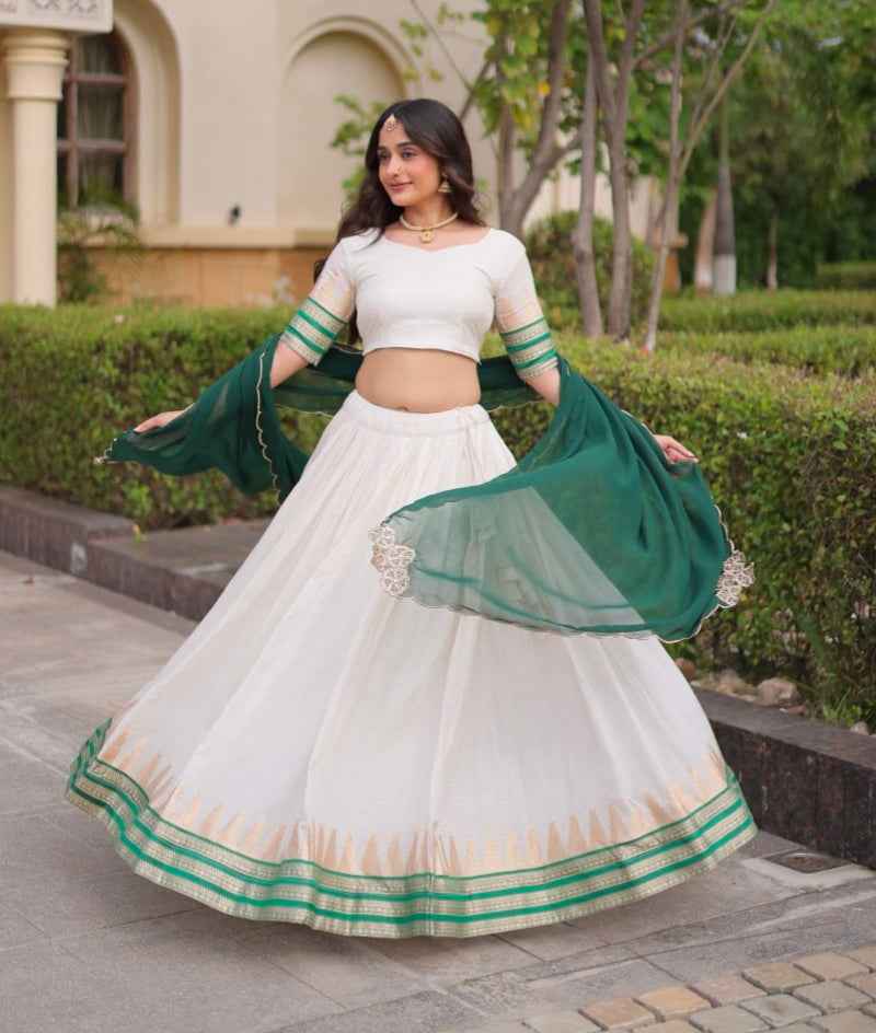 Green Pure Viscose Jacquard Checks With Zari Temple Weaving Work Navratri Lehenga Choli