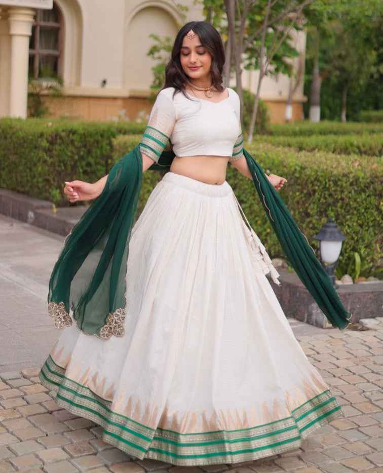 Green Pure Viscose Jacquard Checks With Zari Temple Weaving Work Navratri Lehenga Choli