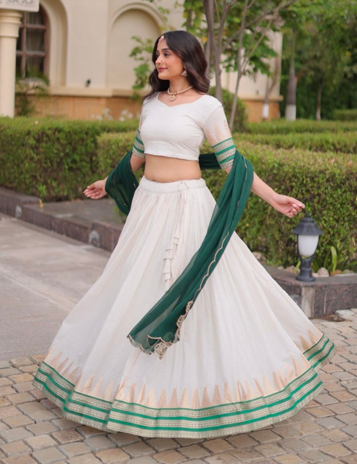 Green Pure Viscose Jacquard Checks With Zari Temple Weaving Work Navratri Lehenga Choli