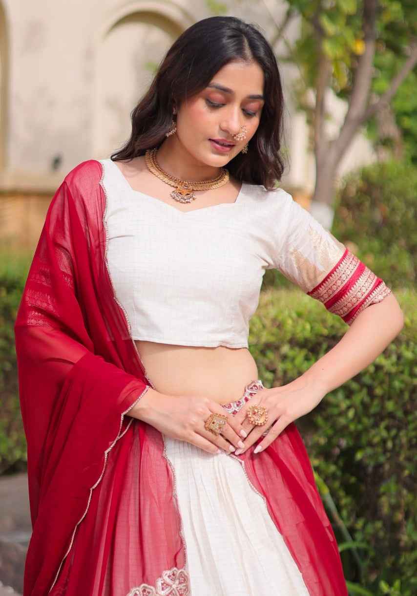 Red Pure Viscose Jacquard Checks With Zari Temple Weaving Work Navratri Lehenga Choli