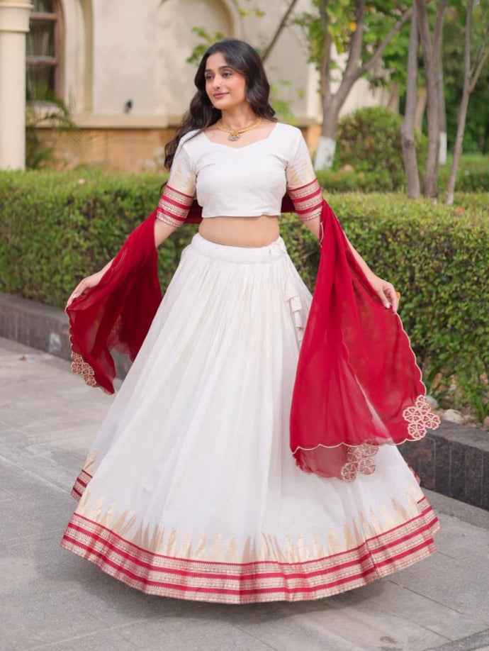 Red Pure Viscose Jacquard Checks With Zari Temple Weaving Work Navratri Lehenga Choli
