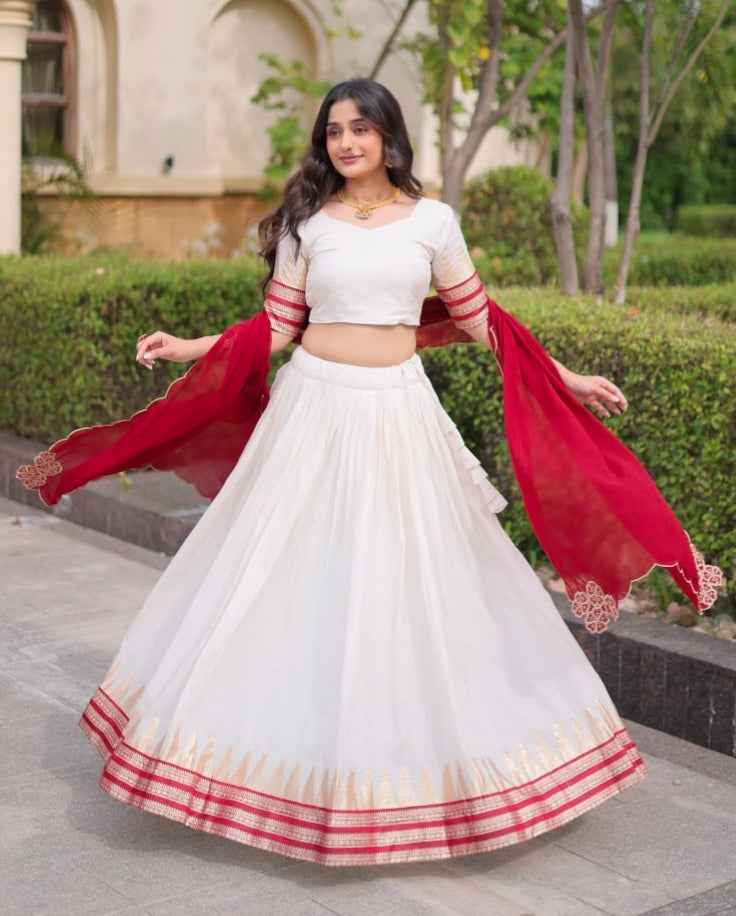 Red Pure Viscose Jacquard Checks With Zari Temple Weaving Work Navratri Lehenga Choli