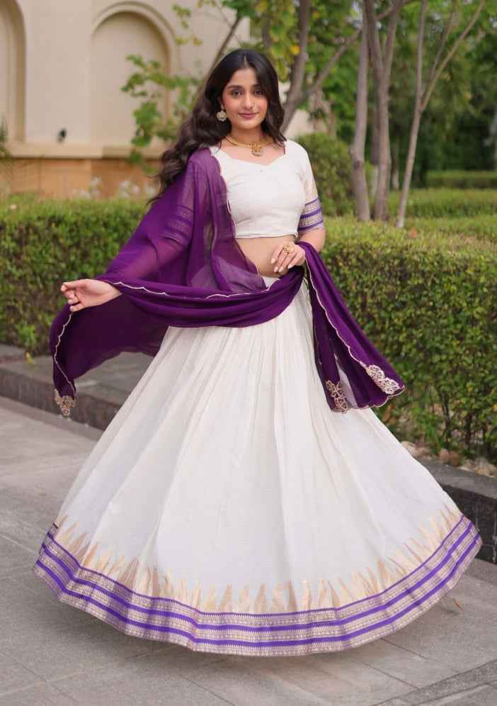 Purple Pure Viscose Jacquard Checks With Zari Temple Weaving Work Navratri Lehenga Choli
