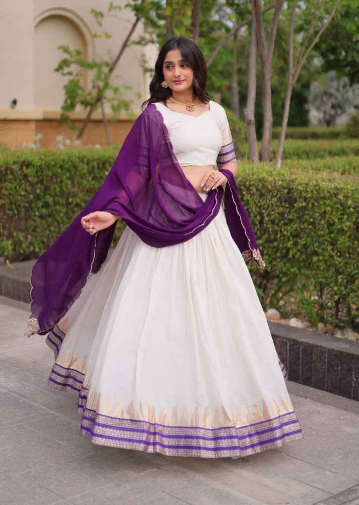 Purple Pure Viscose Jacquard Checks With Zari Temple Weaving Work Navratri Lehenga Choli