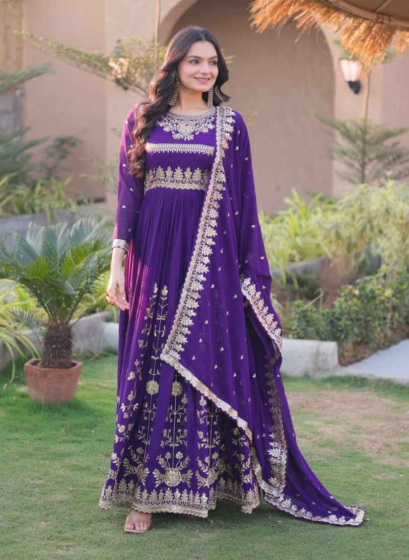 Purple Pure Faux Blooming Georgette with Zari & Sequins Embroidered Work Anarkali Long Gown