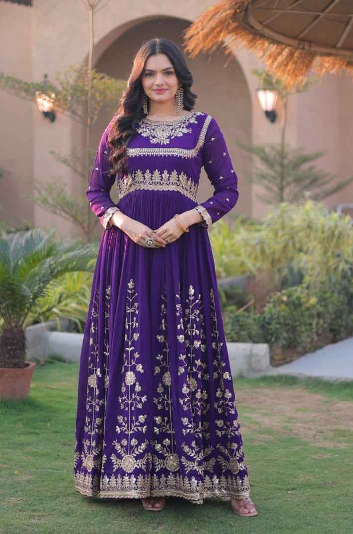 Purple Pure Faux Blooming Georgette with Zari & Sequins Embroidered Work Anarkali Long Gown