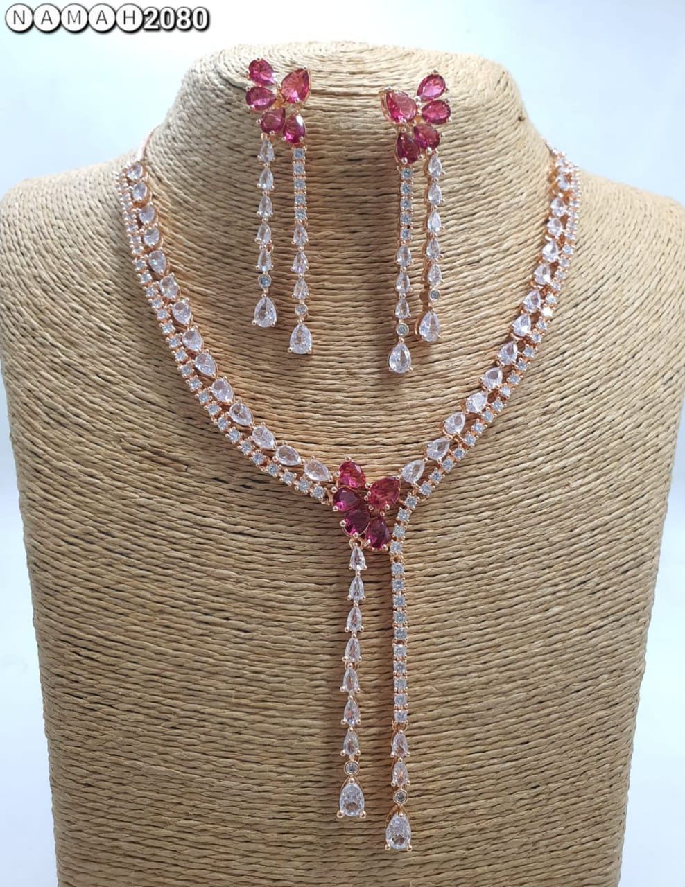 Red American Diamond Necklace Set