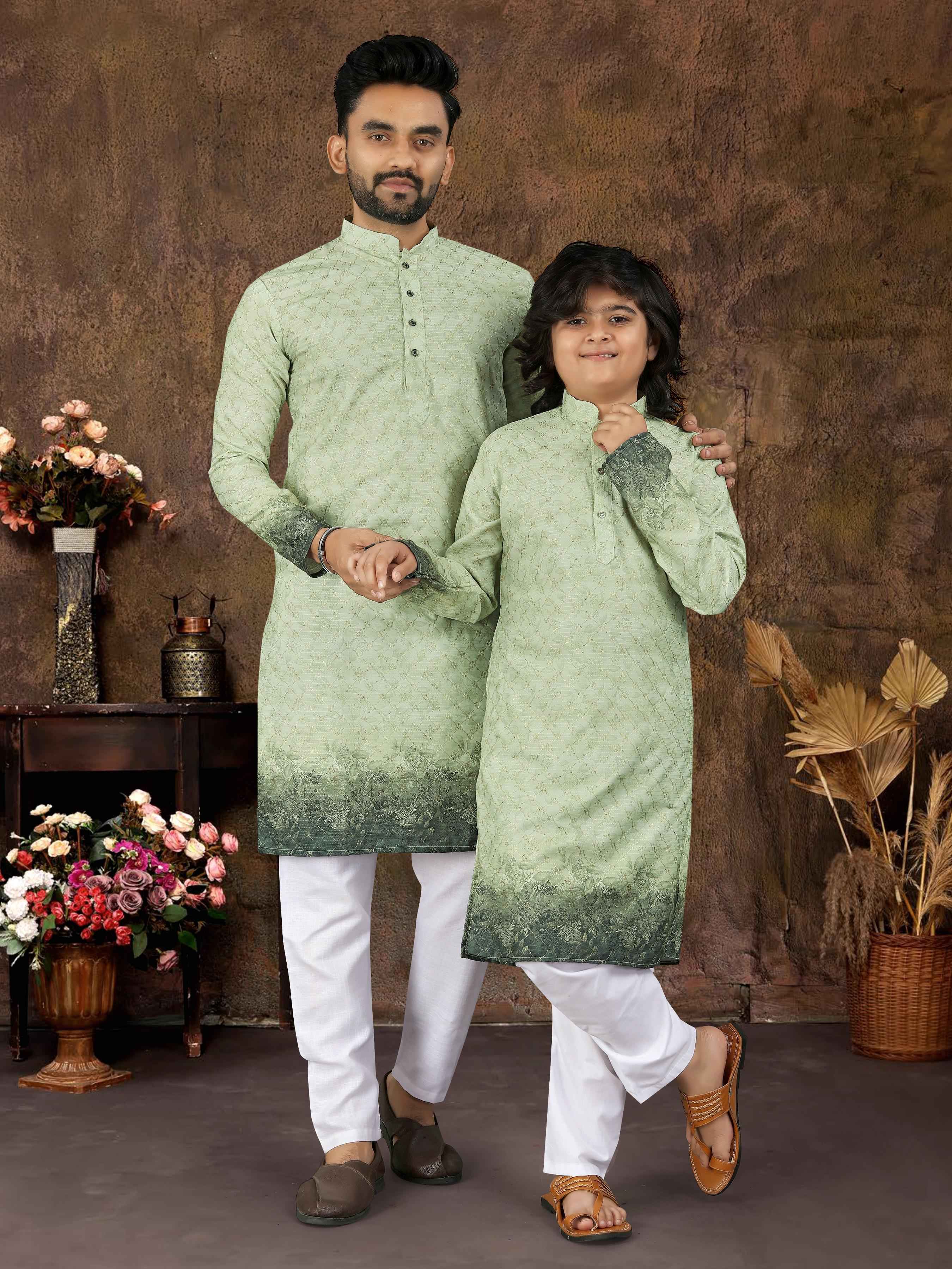 Green Pure Cotton Reyon Thread Work Kurta Pajama Father & Son Matching Combo Set