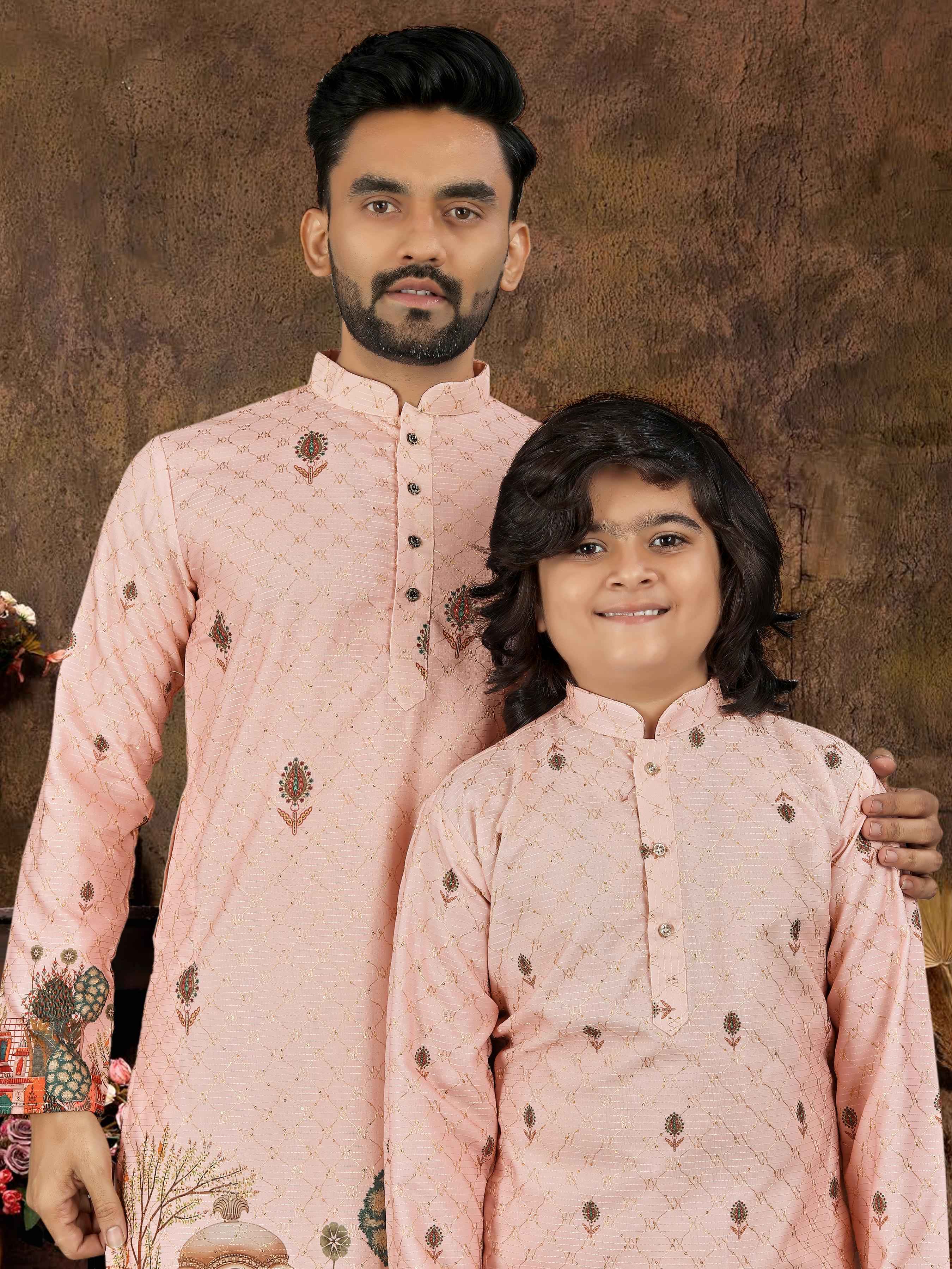 Peach Pure Cotton Reyon Thread Work Kurta Pajama Father & Son Matching Combo Set