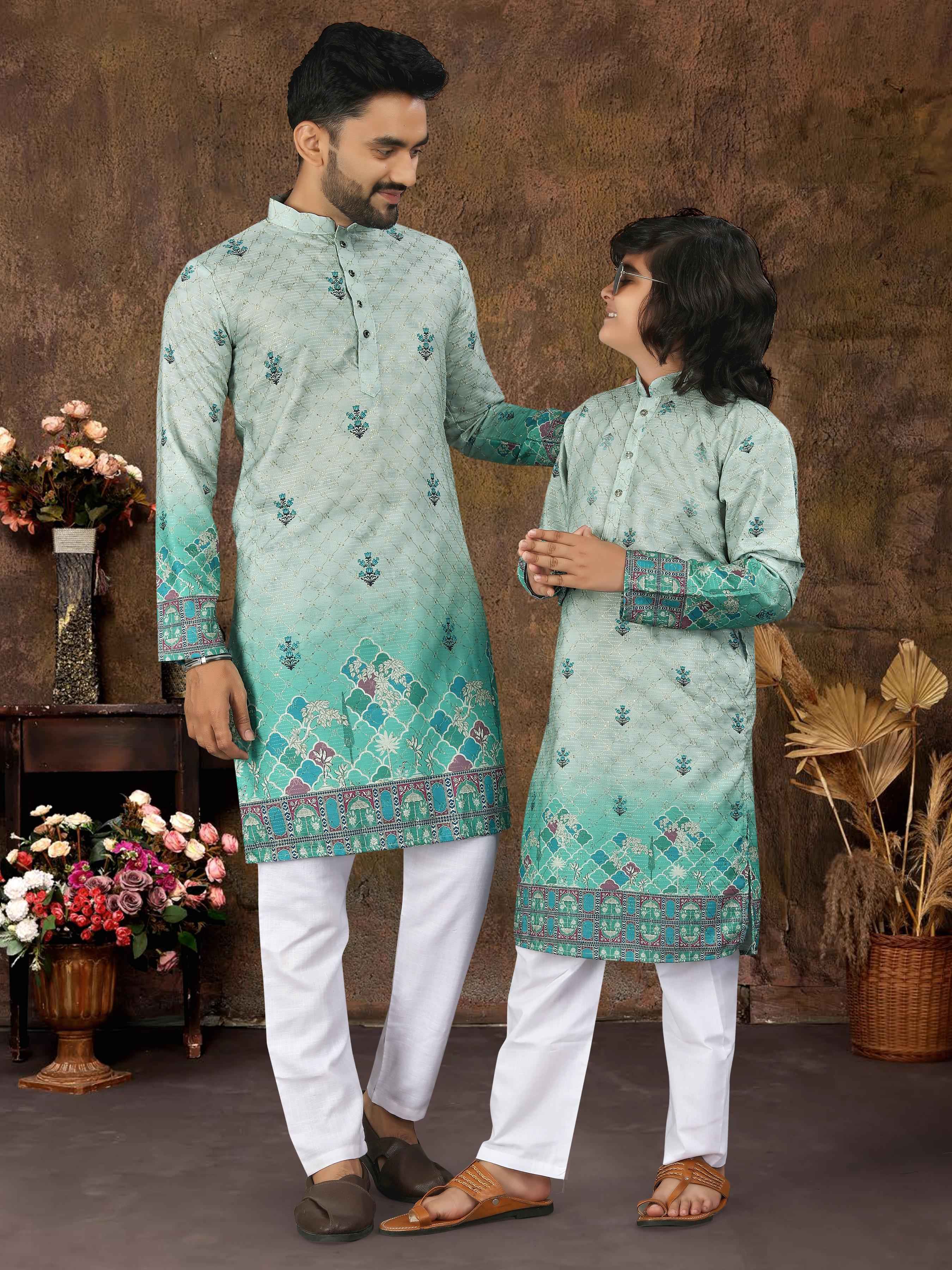Pista Pure Cotton Reyon Thread Work Kurta Pajama Father & Son Matching Combo Set
