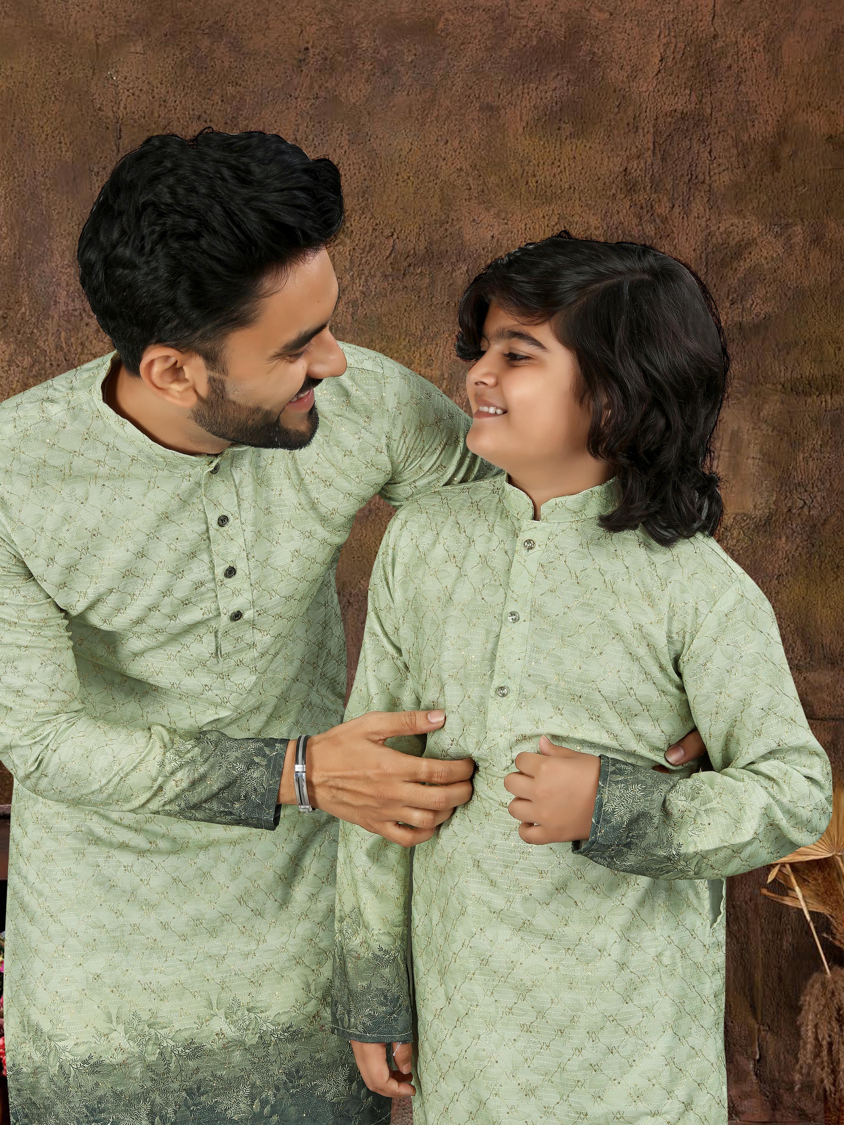 Green Pure Cotton Reyon Thread Work Kurta Pajama Father & Son Matching Combo Set