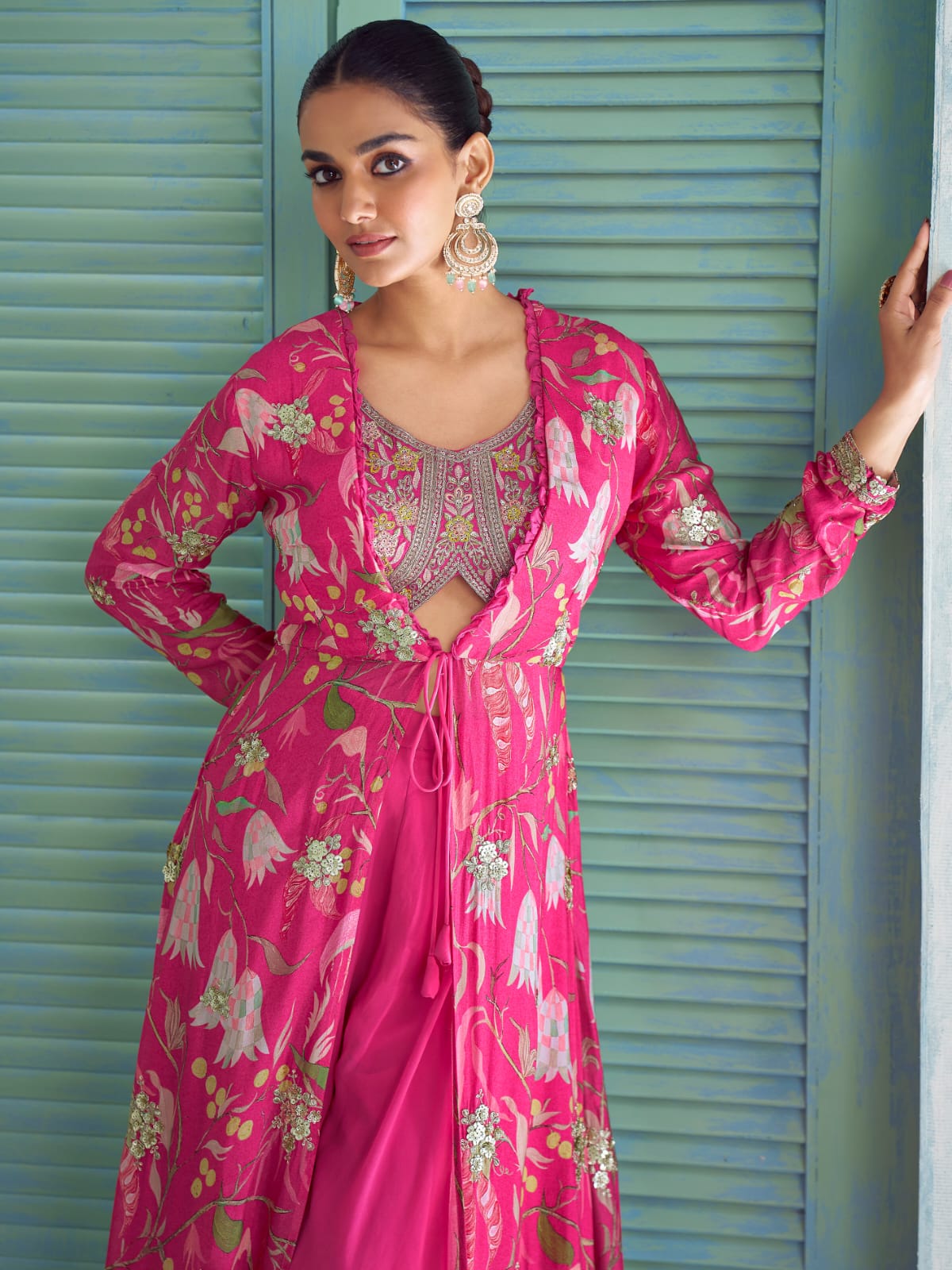 Hot Pink Floral Indo-Western Jacket Palazzo Set with Embroidery