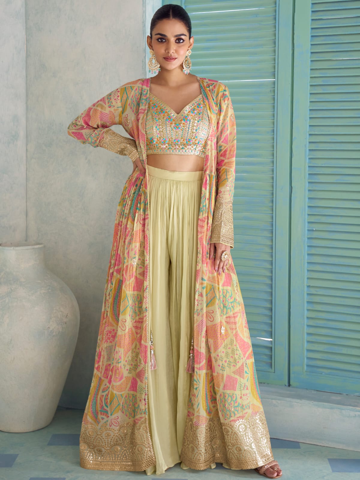 Yellow Multicolor Indo-Western Jacket Palazzo Set with Embroidery