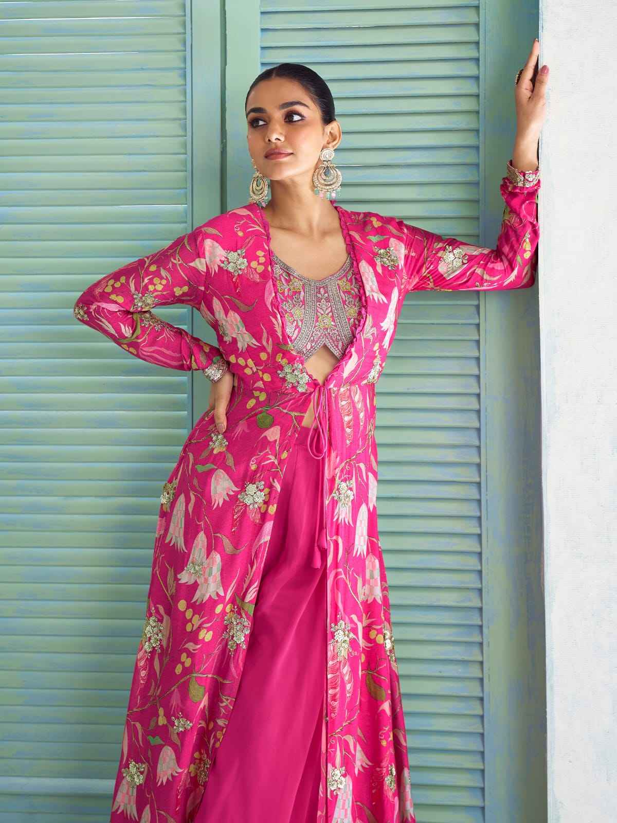Hot Pink Floral Indo-Western Jacket Palazzo Set with Embroidery