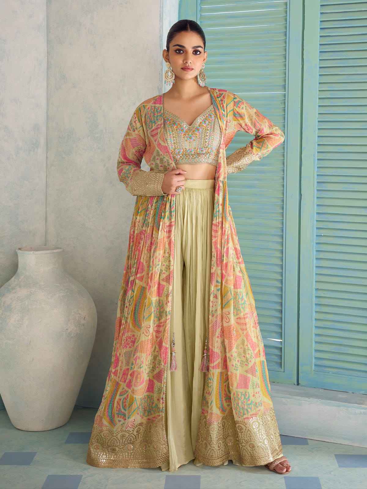 Yellow Multicolor Indo-Western Jacket Palazzo Set with Embroidery