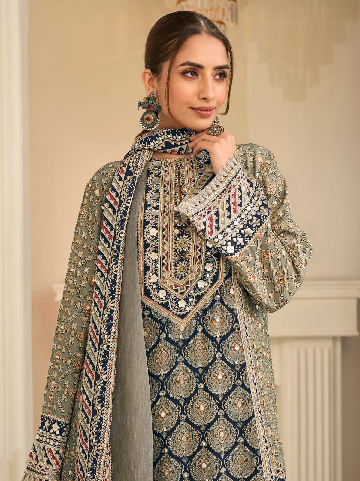 Grey Olive Crepe Silk Palazzo Suit Set with Aari & Gota Patti Work