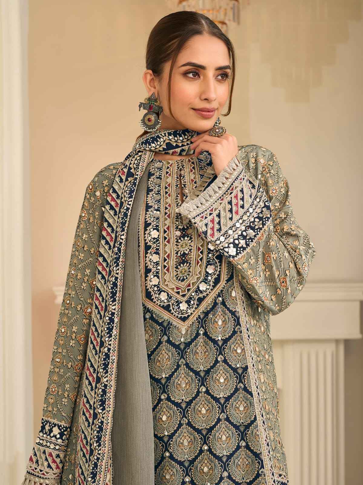 Grey Olive Crepe Silk Palazzo Suit Set with Aari & Gota Patti Work