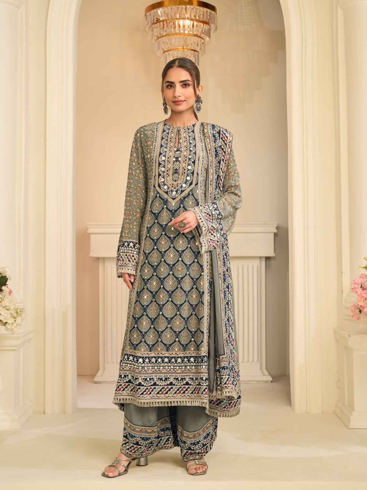 Grey Olive Crepe Silk Palazzo Suit Set with Aari & Gota Patti Work