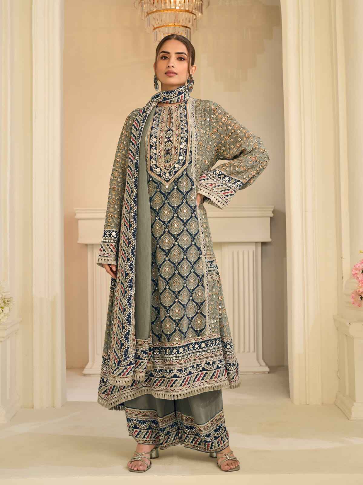 Grey Olive Crepe Silk Palazzo Suit Set with Aari & Gota Patti Work