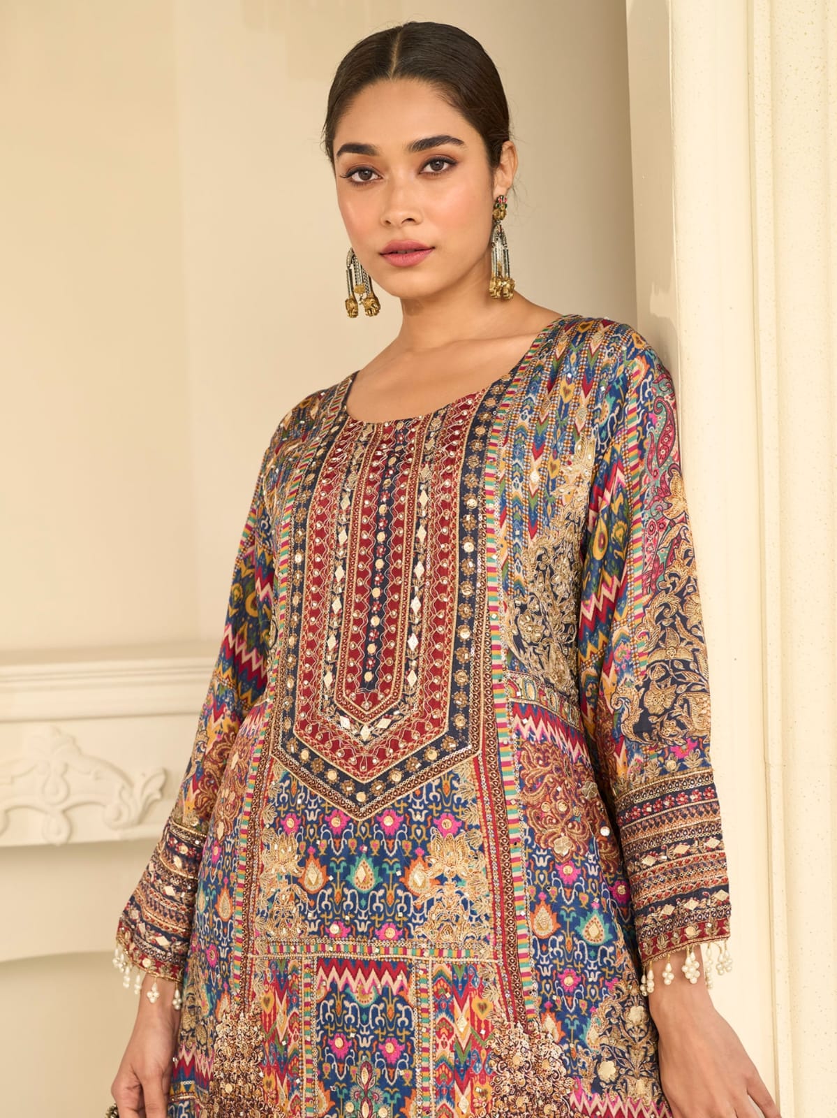 Multicolor Blue Crepe Silk Palazzo Suit Set with Aari & Gota Patti Work