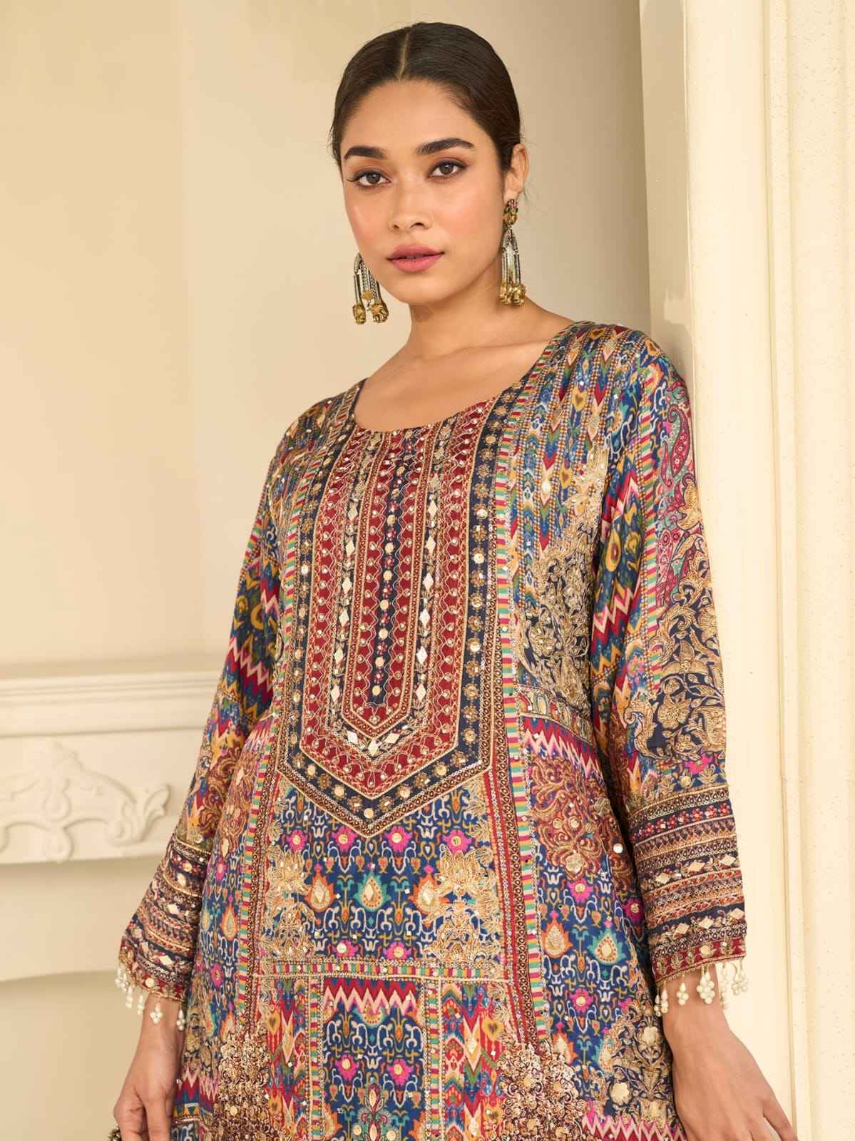 Multicolor Blue Crepe Silk Palazzo Suit Set with Aari & Gota Patti Work