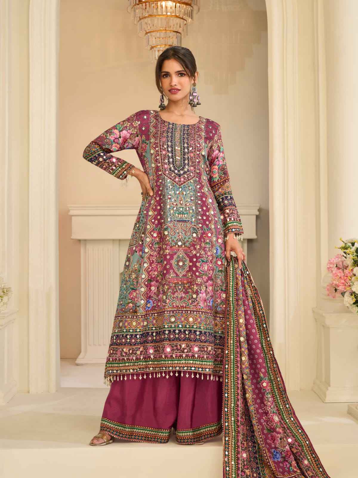 Wine Maroon Crepe Silk Palazzo Suit Set with Aari & Gota Patti Work