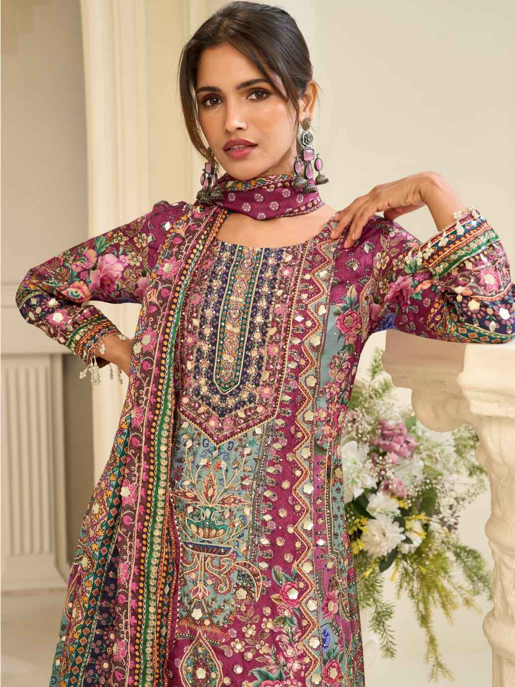 Wine Maroon Crepe Silk Palazzo Suit Set with Aari & Gota Patti Work