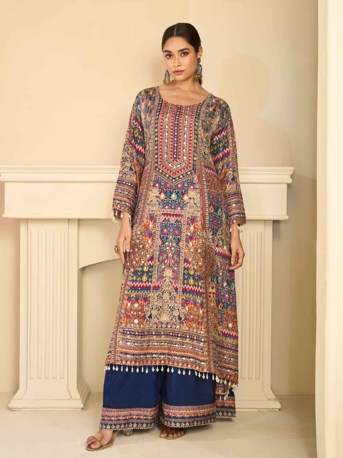 Multicolor Blue Crepe Silk Palazzo Suit Set with Aari & Gota Patti Work