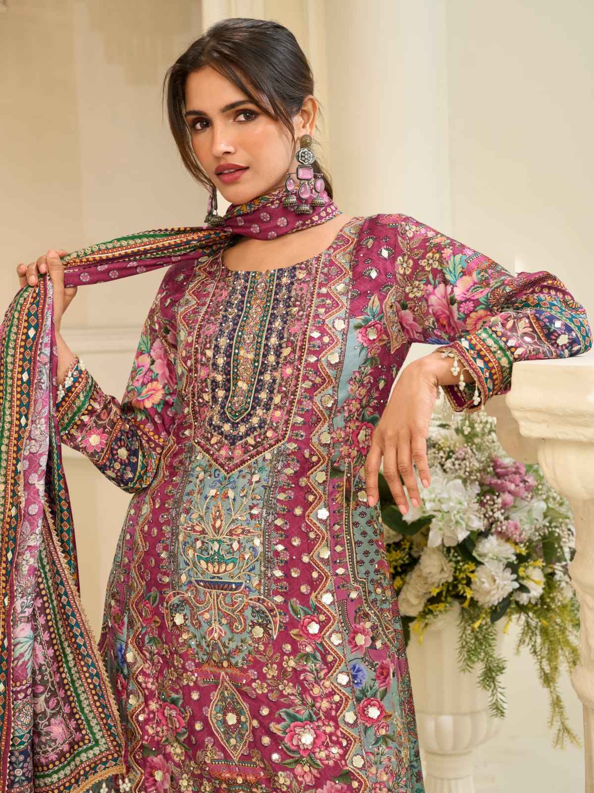 Wine Maroon Crepe Silk Palazzo Suit Set with Aari & Gota Patti Work