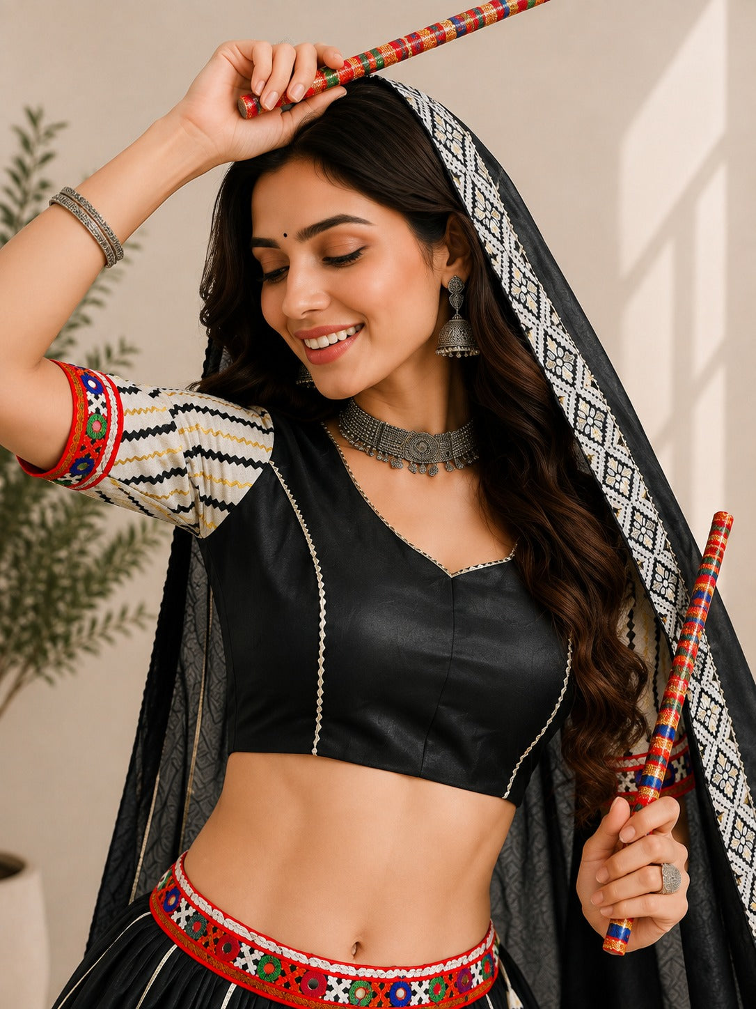 Black Pure Premium Cotton Silk Elegant Gamthi Work Navratri Lehenga Choli