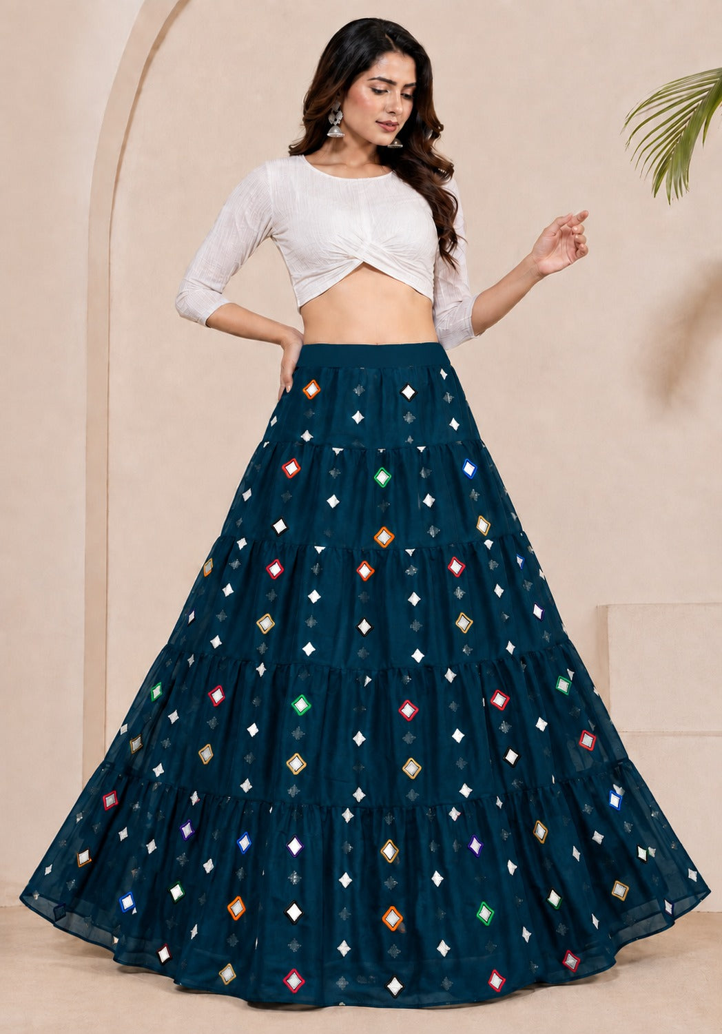 Rama Pure Premium Georgette
Elegant Embroidery with Ring Work Navratri Skirt