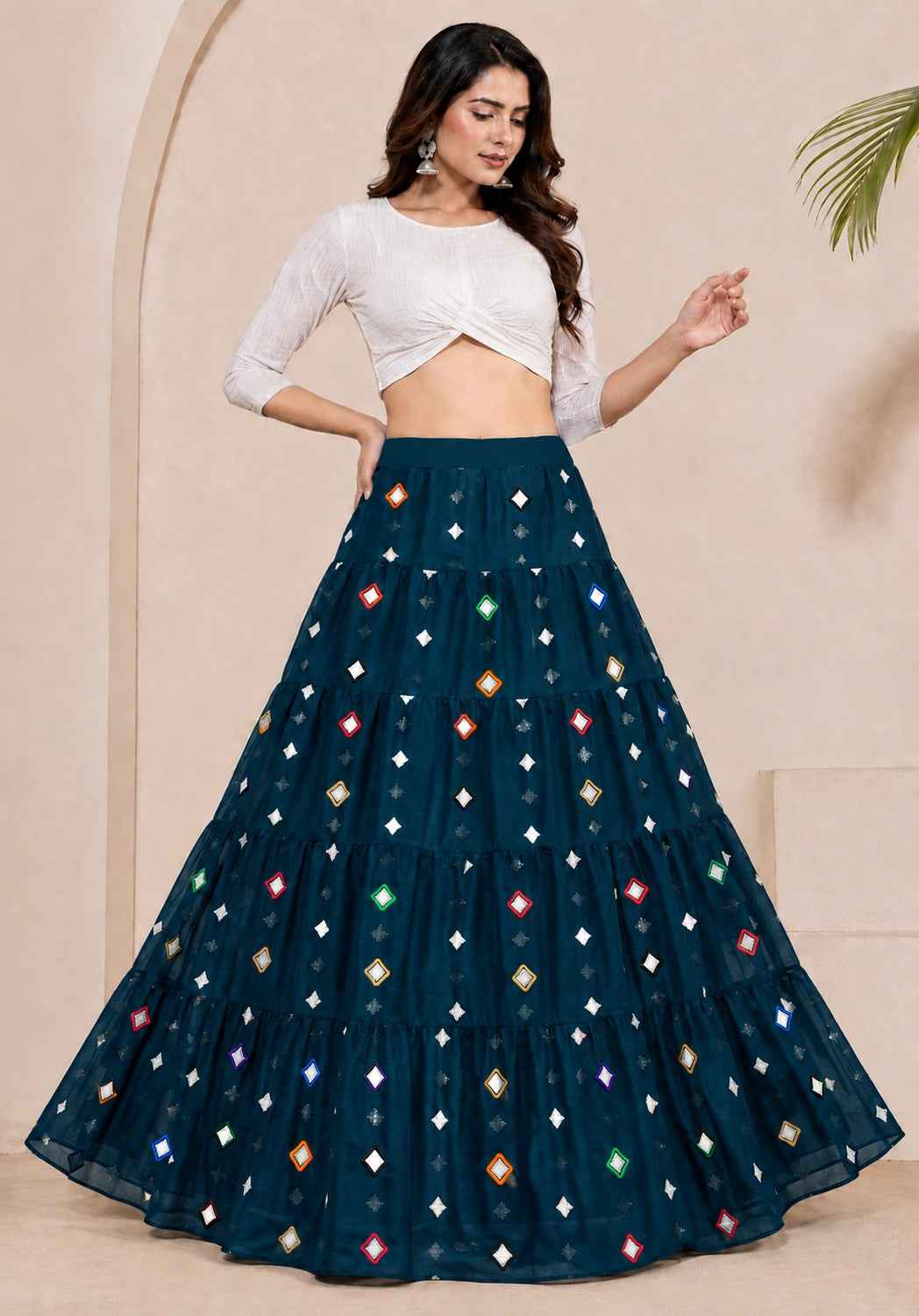 Rama Pure Premium Georgette
Elegant Embroidery with Ring Work Navratri Skirt