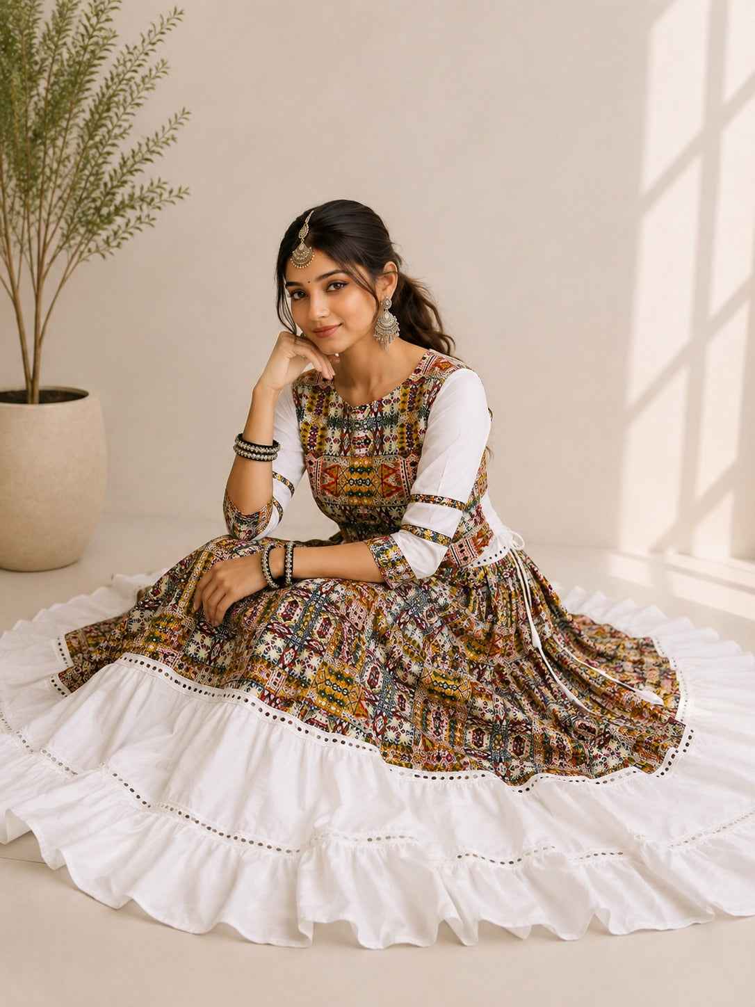 White Pure Cotton Silk Gamthi Work Navratri Lehenga Choli