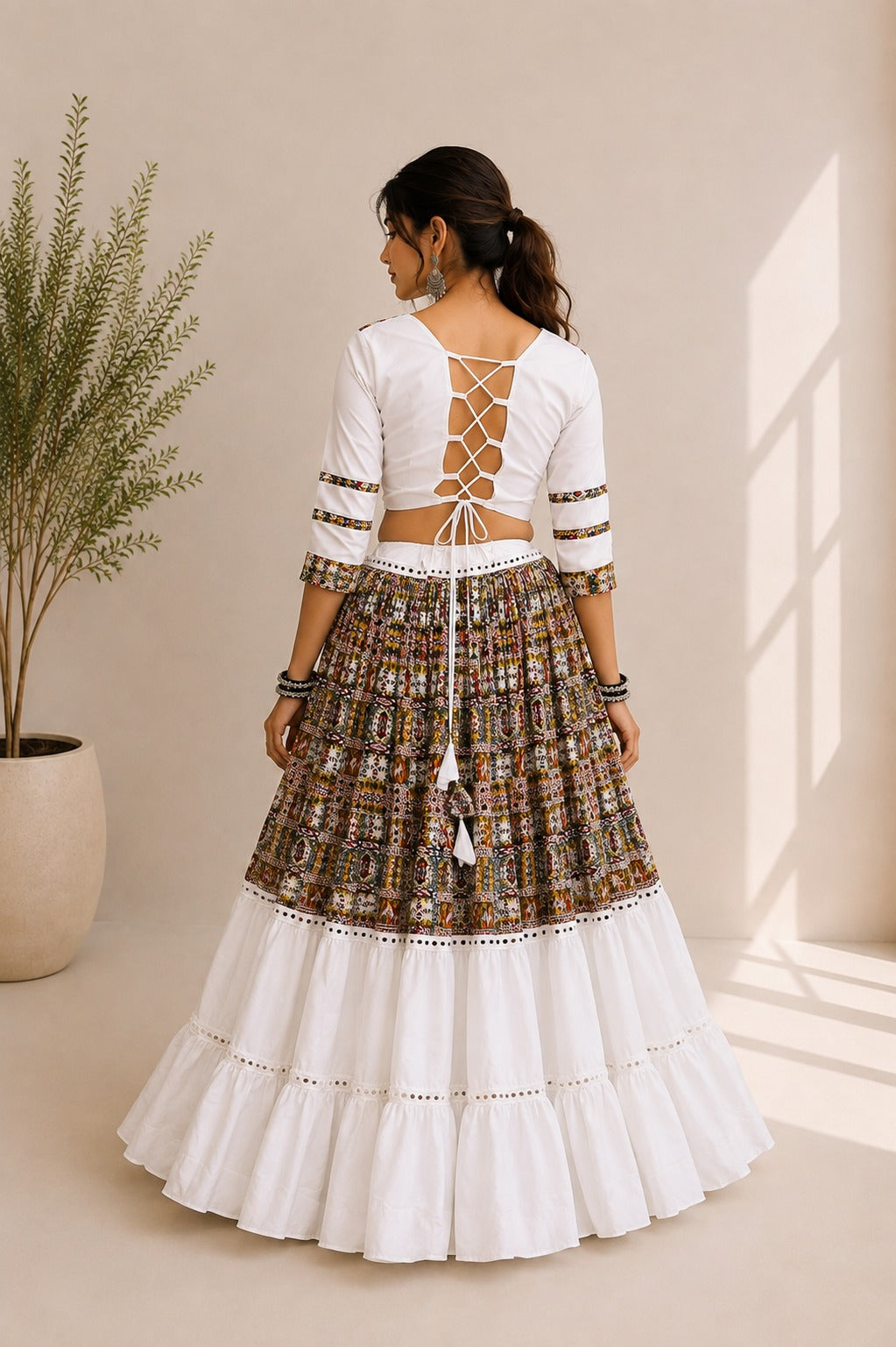White Pure Cotton Silk Gamthi Work Navratri Lehenga Choli