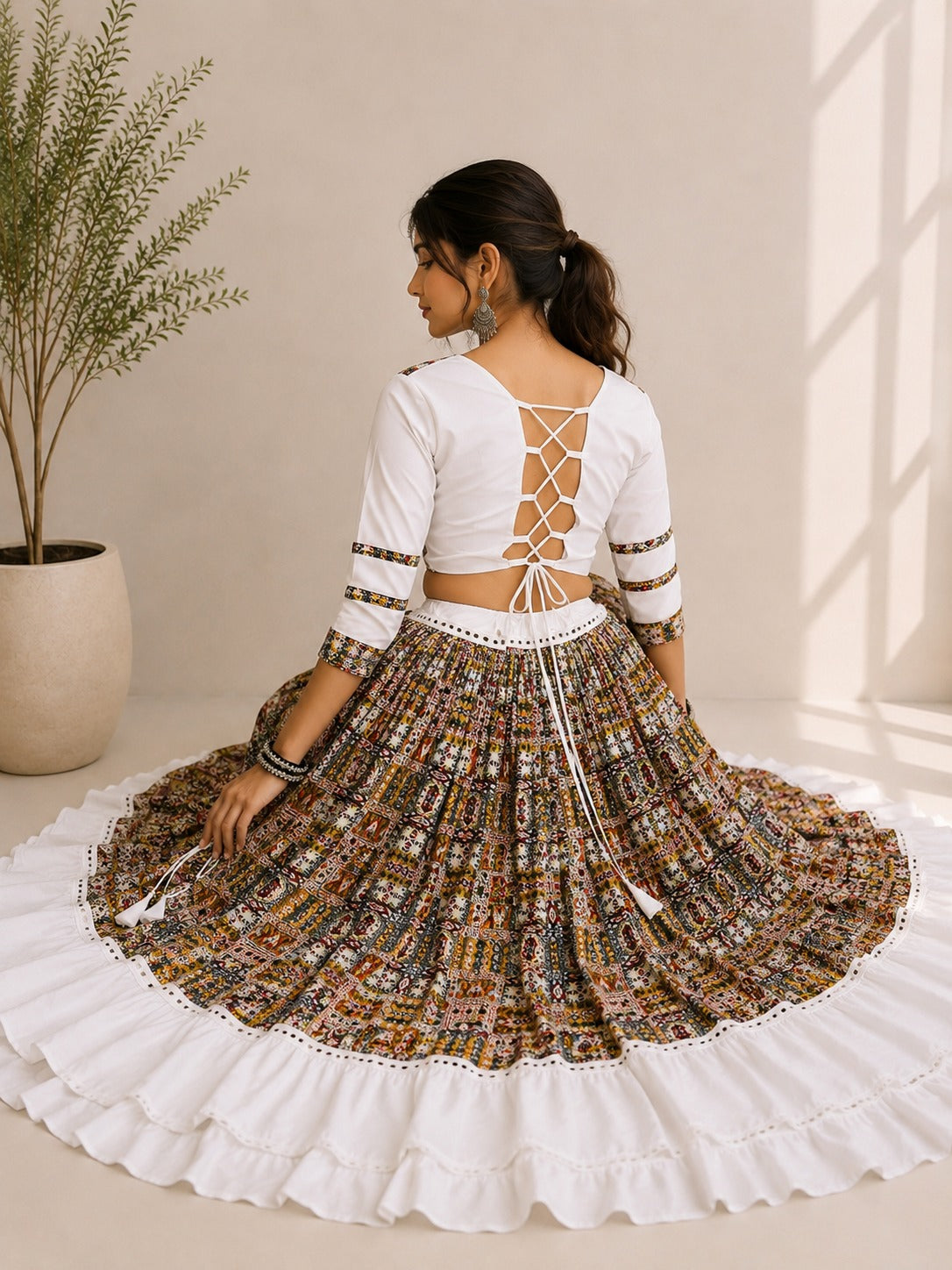 White Pure Cotton Silk Gamthi Work Navratri Lehenga Choli