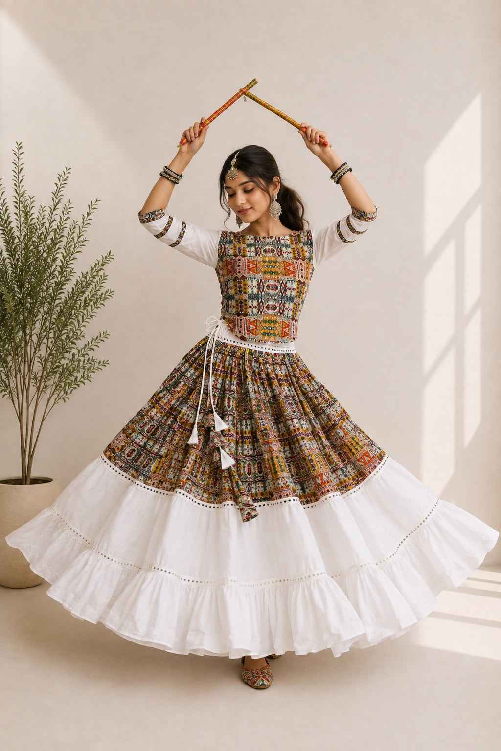 White Pure Cotton Silk Gamthi Work Navratri Lehenga Choli