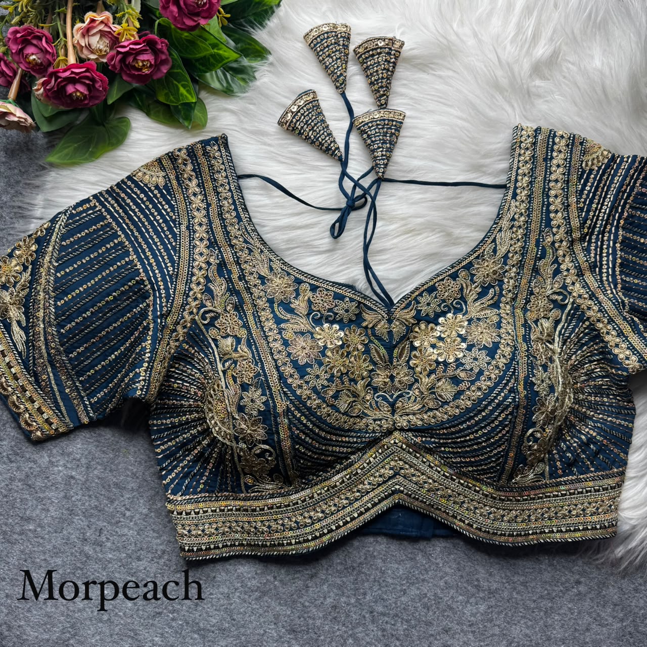 Morepeach Pure Italian Jari Heavy Codding Sequence Work Bridal Blouse