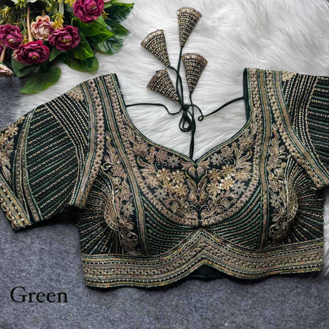 Green Pure Italian Jari Heavy Codding Sequence Work Bridal Blouse