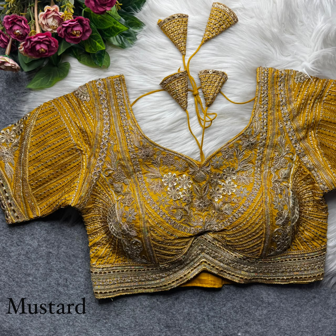 Mustard Pure Italian Jari Heavy Codding Sequence Work Bridal Blouse