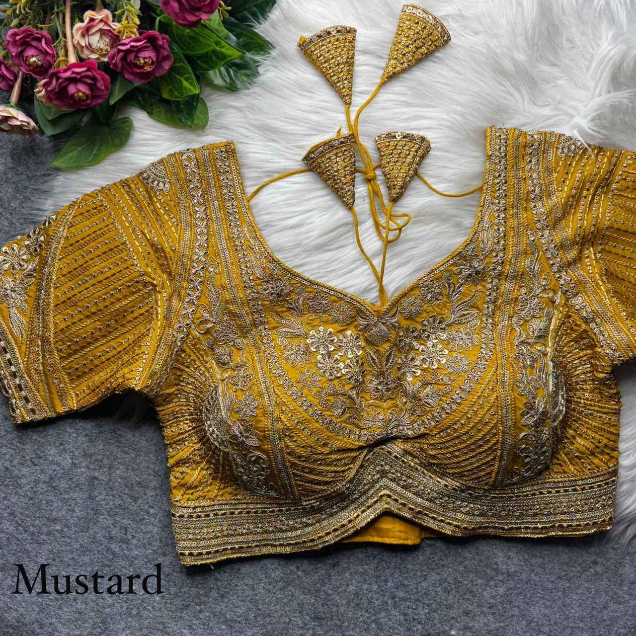 Mustard Pure Italian Jari Heavy Codding Sequence Work Bridal Blouse