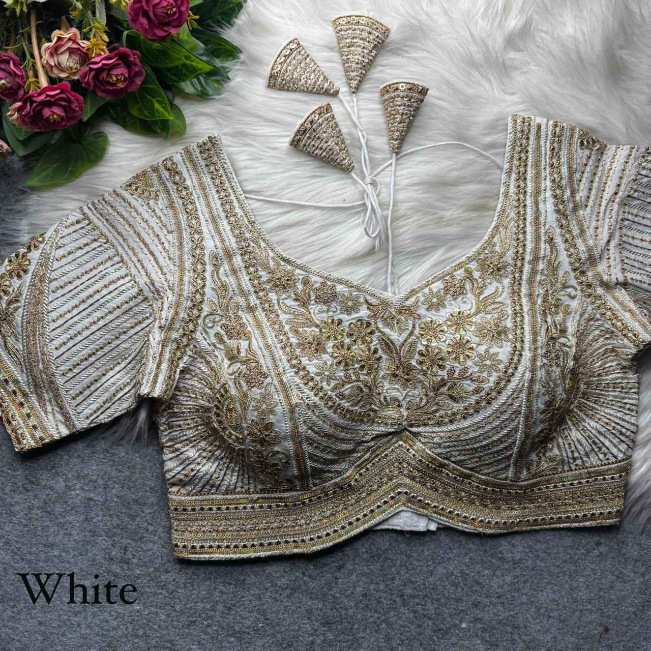 White Pure Italian Jari Heavy Codding Sequence Work Bridal Blouse