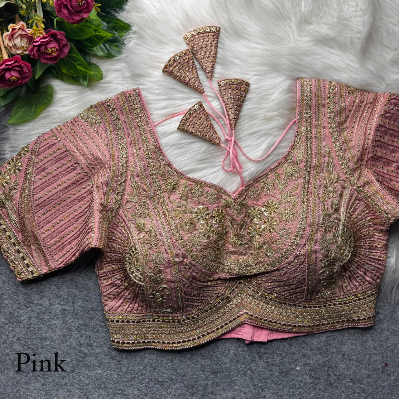 Pink Pure Italian Jari Heavy Codding Sequence Work Bridal Blouse