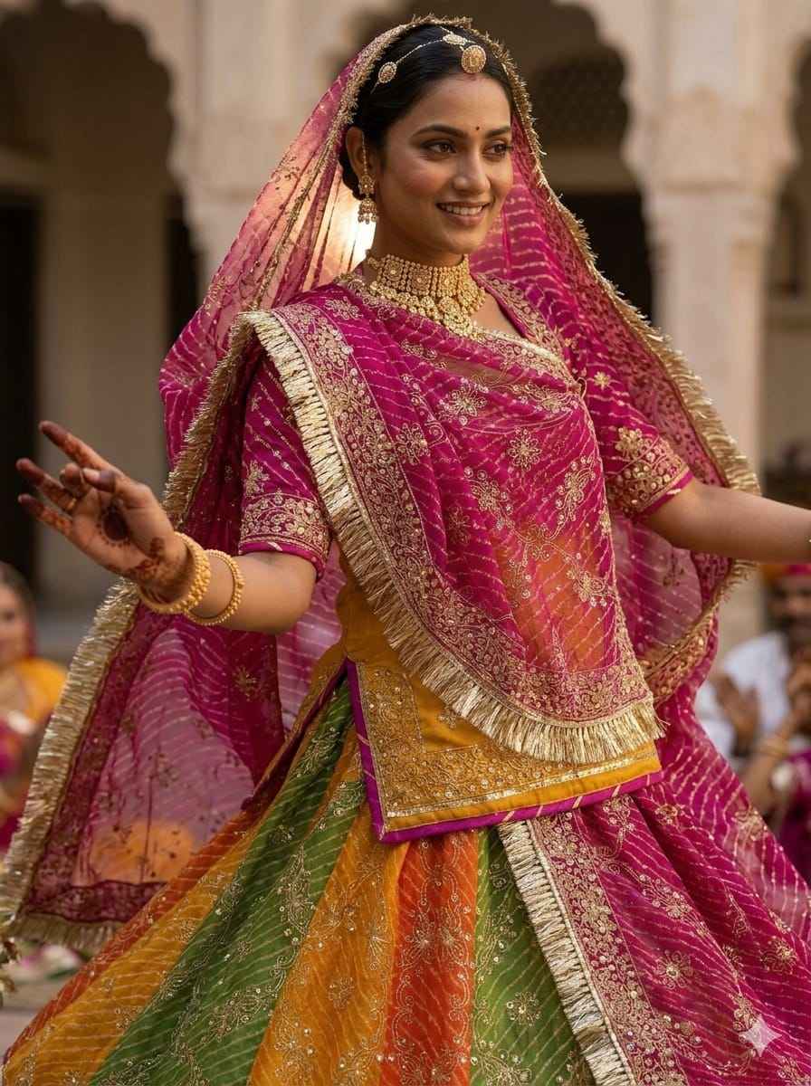 Multi Pure Georgette Lehariya Chunni Rajasthani Rajputi Lehenga Choli